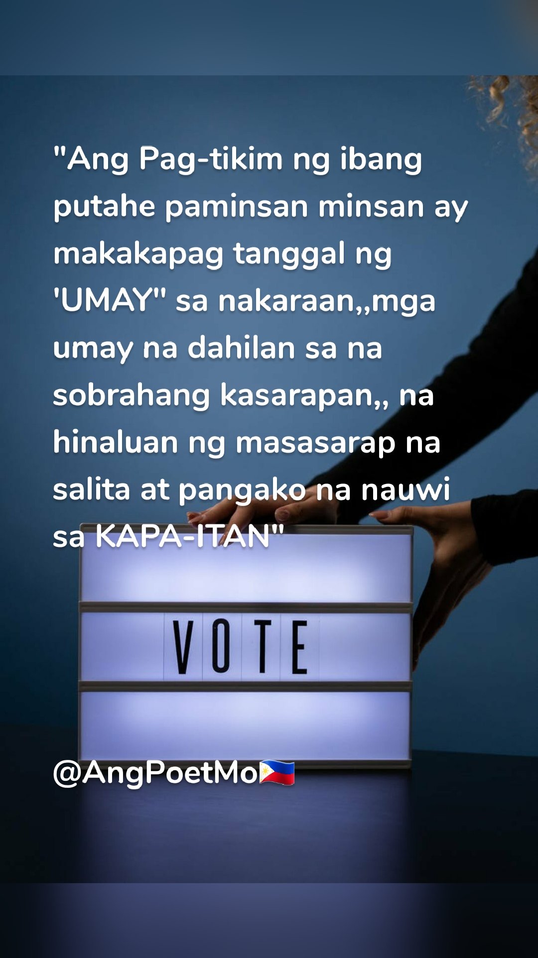"Ang Pag-tikim ng ibang putahe paminsan minsan ay makakapag tanggal ng 'UMAY" sa nakaraan,,mga umay na dahilan sa na sobrahang kasarapan,, na hinaluan ng masasarap na salita at pangako na nauwi sa KAPA-ITAN"




@AngPoetMo🇵🇭