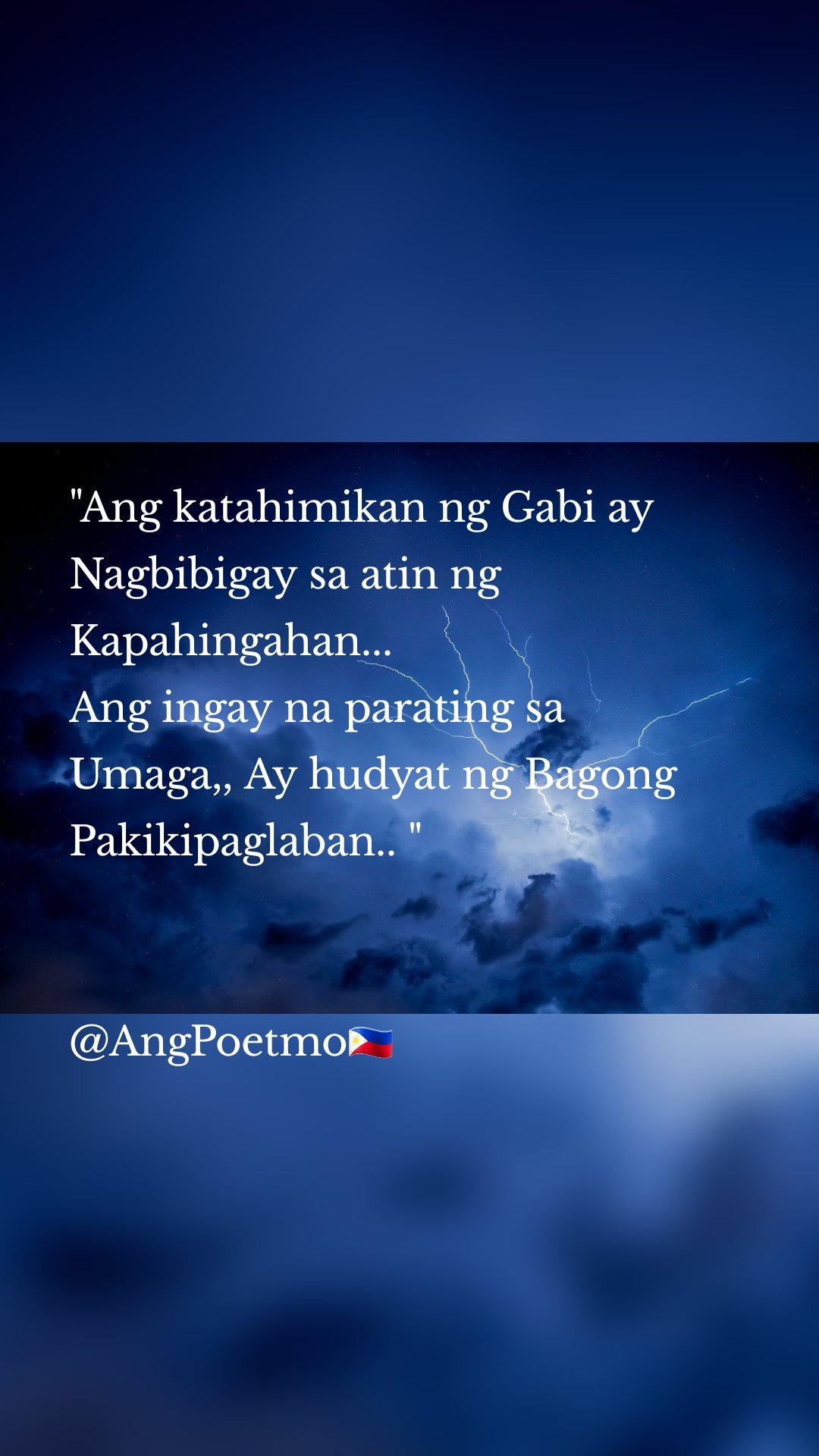 "Ang katahimikan ng Gabi ay Nagbibigay sa atin ng Kapahingahan... 
Ang ingay na parating sa Umaga,, Ay hudyat ng Bagong Pakikipaglaban.. "


@AngPoetmo🇵🇭